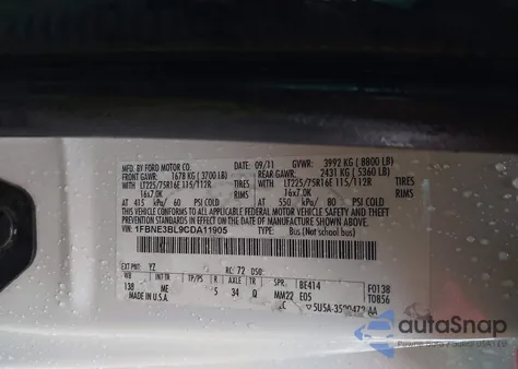 2012 Ford E-350 Super Duty Xlt z USA, uszkodzony, nr VIN 1FBNE3BL9CDA11905